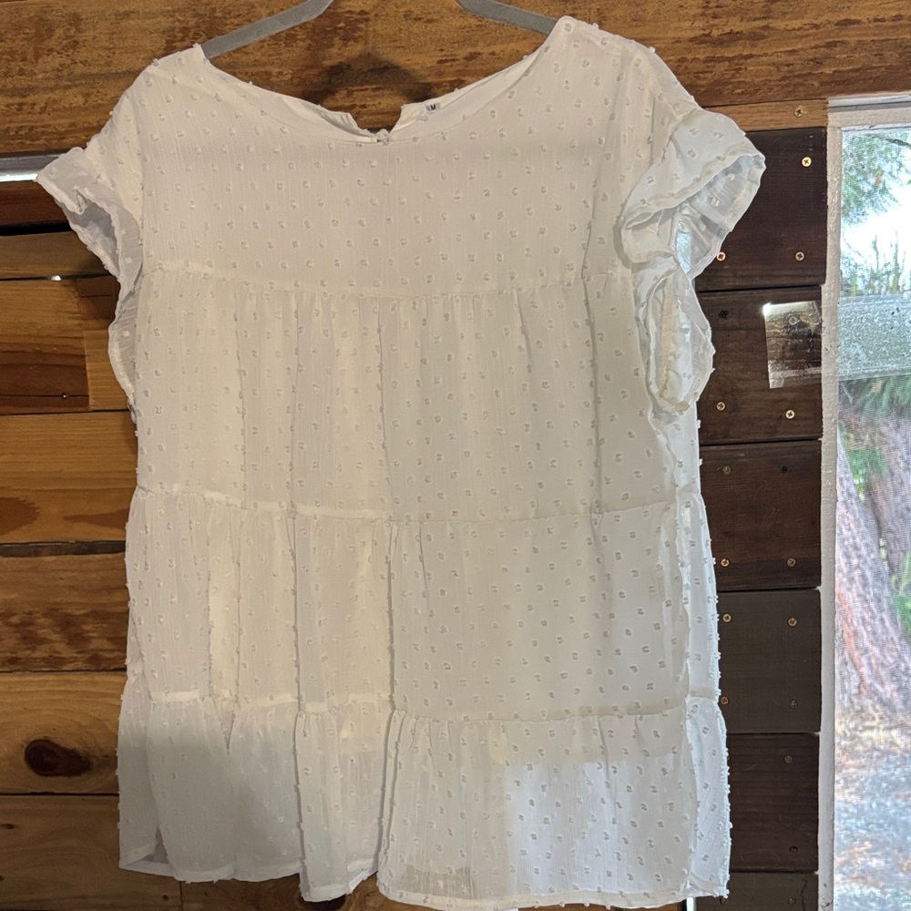 White Swiss Dot Tiered Short Sleeve Women's Top